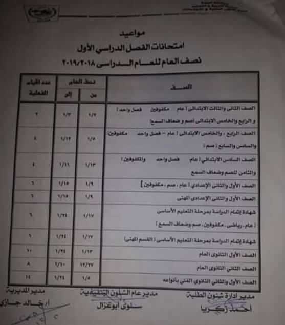 جدول امتحانات الصف الثالث الاعدادي الترم الاول