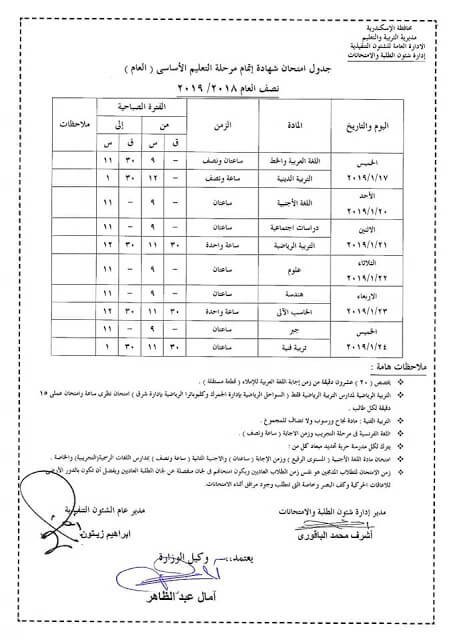 جدول امتحانات الصف الثالث الاعدادي الترم الاول