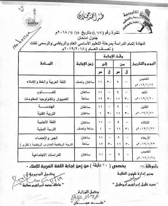 جدول امتحانات الصف الثالث الاعدادي الترم الاول